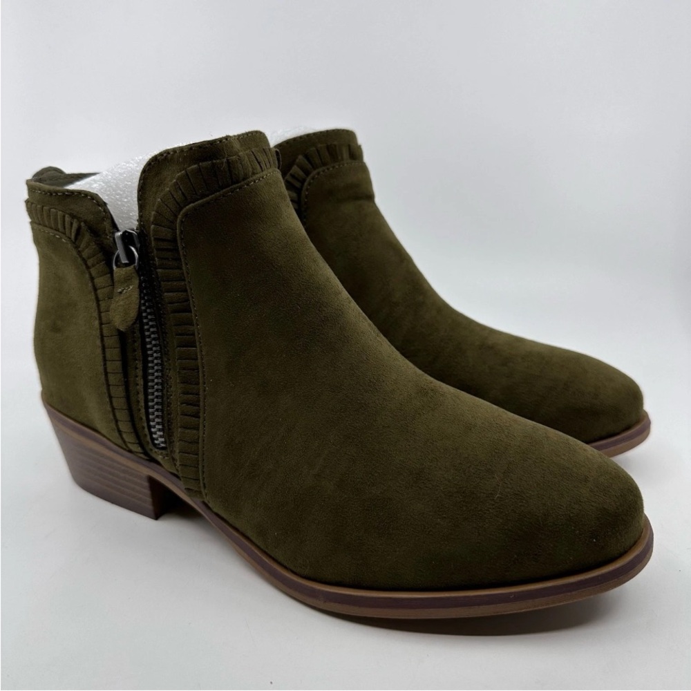 MIA Mable Ruffle Detail Ankle Bootie Side Zip Olive Green Suede 11 Wide